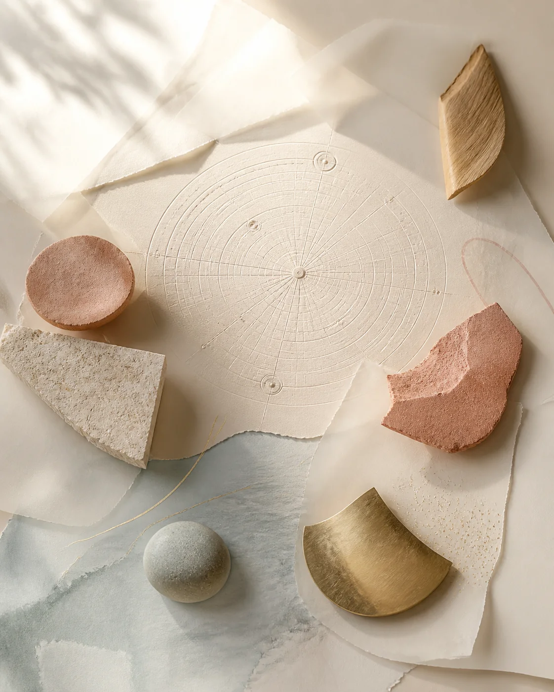 Layered archival paper, elemental materials, and an embossed celestial chart